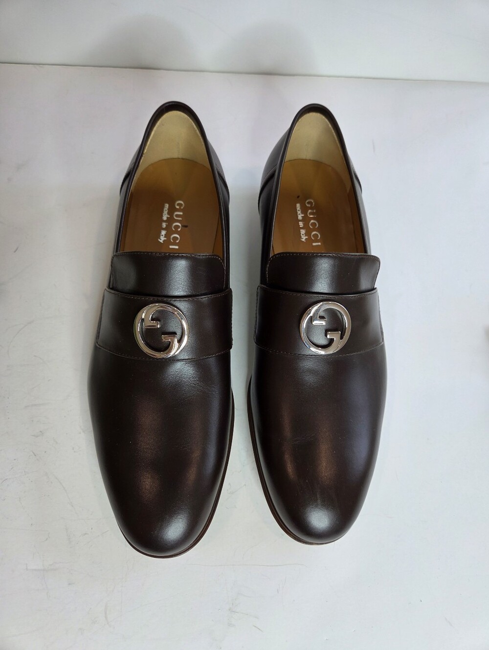 Gucci Brown Leather Slip-On Loafers with Silver GG NIB Size 7.5 - Waxed Calf